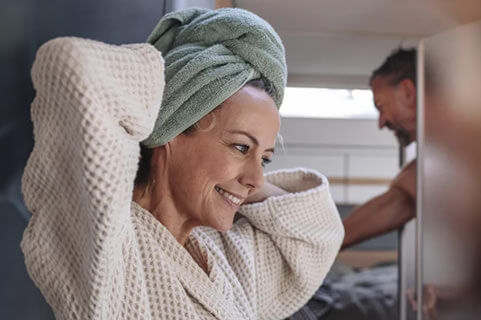 Couple in motorhome washroom