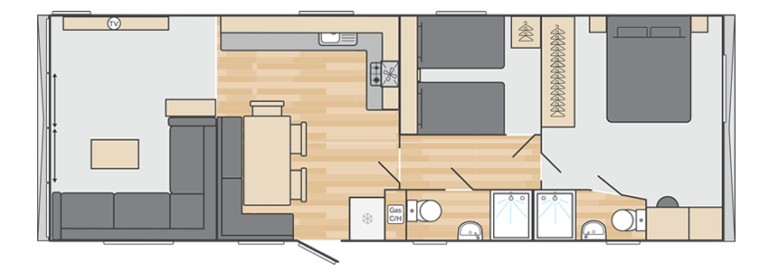 Morlaix Lodge 40’ x 14’ 2 Bedroom floorplan
