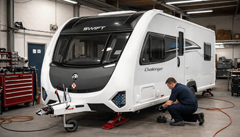 A Swift Caravan getting serviced at an approved centre