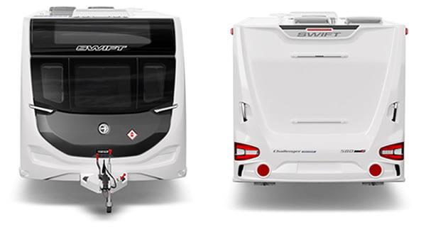 Swift caravan from the front and rear