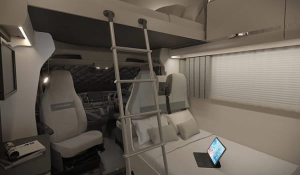 Interior of Swift motorhome with night time blinds
