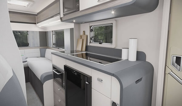 Kitchen area in a Swift motorhome