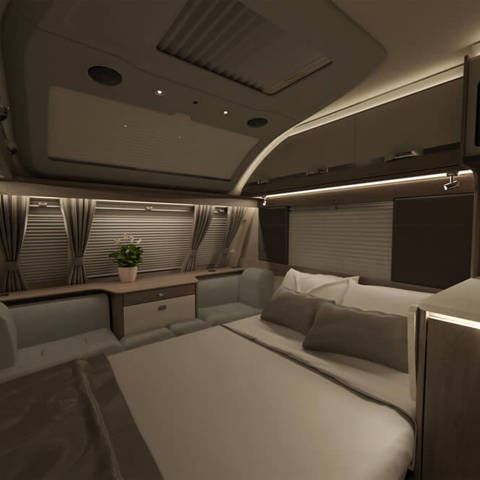 Conqueror 480 lounge bed at night (optional Iron furnishing)